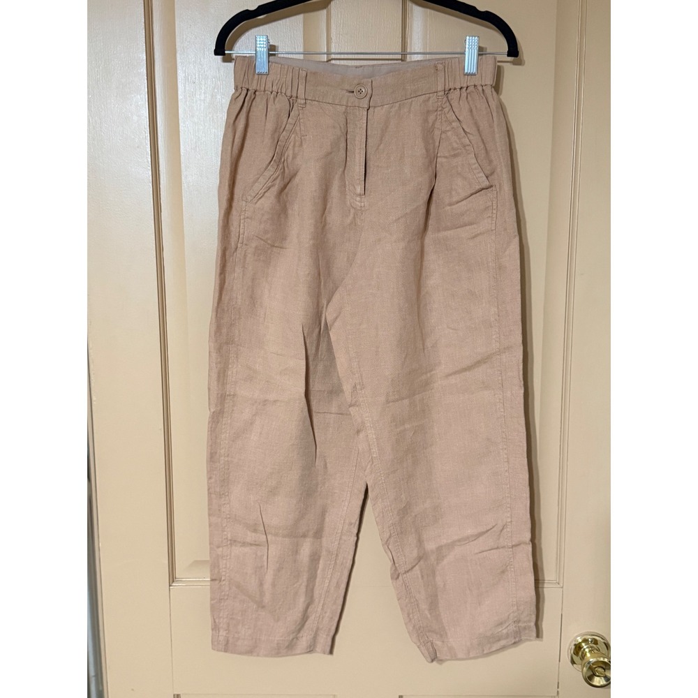 Poetry 100% Linen Tapered Crop Pants Tan Beige Elastic Waist Womens US 8 V784